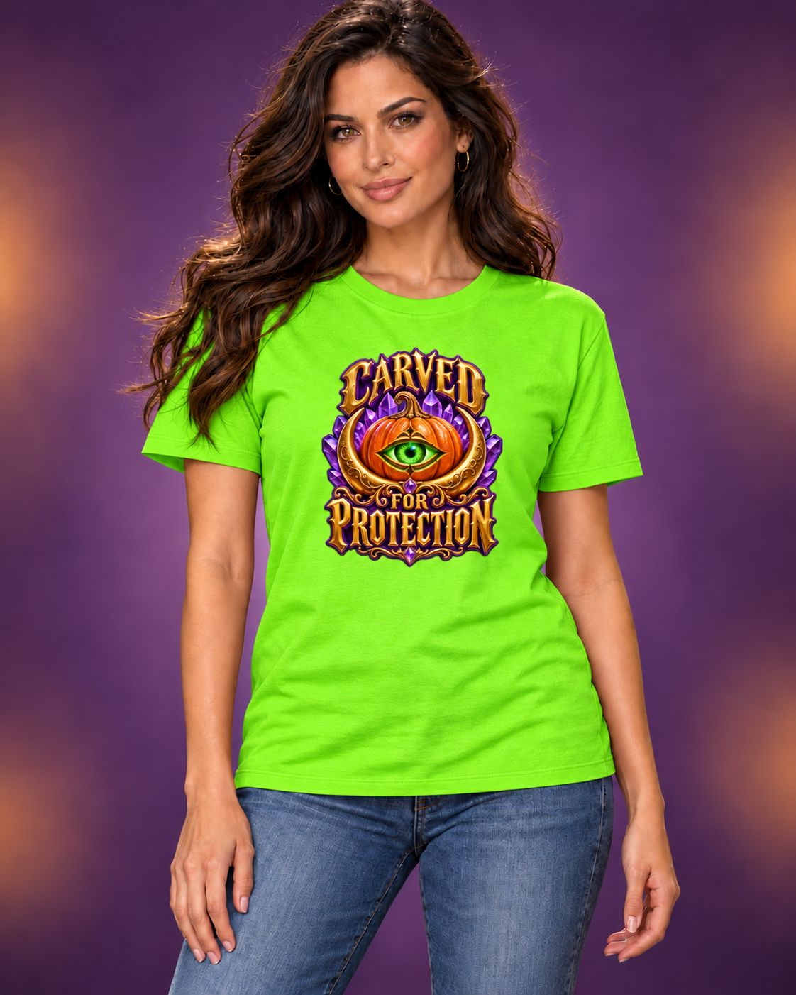 AI-generated model mockup of long-haired woman wearing a lime green Carved for Protection Halloween crew-neck T-shirt, front view.
