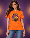 AI-generated model mockup of long-haired woman wearing an orange Carved for Protection Halloween crew-neck T-shirt, front view.