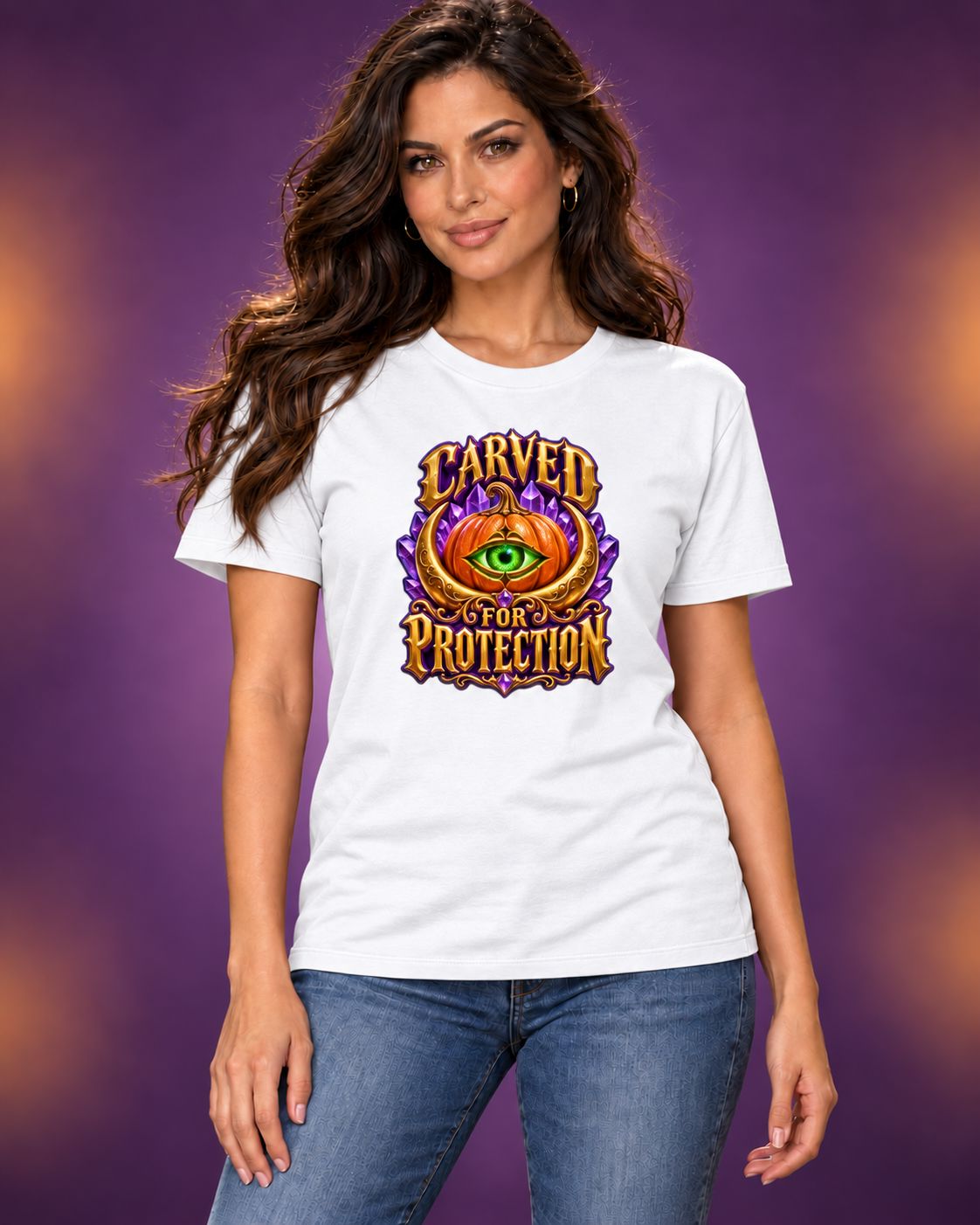 AI-generated model mockup of long-haired woman wearing a white Carved for Protection Halloween crew-neck T-shirt, front view.