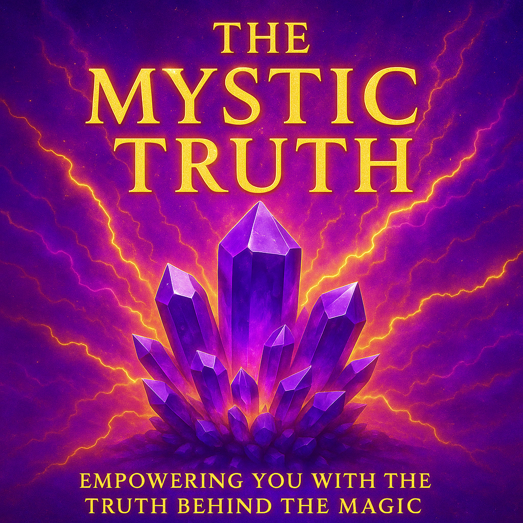 Purple crystal cluster radiating golden mystical energy with the text ‘The Mystic Truth – Empowering You with the Truth Behind the Magic’ – banner image for Dallas Psychic & Crystals newsletter