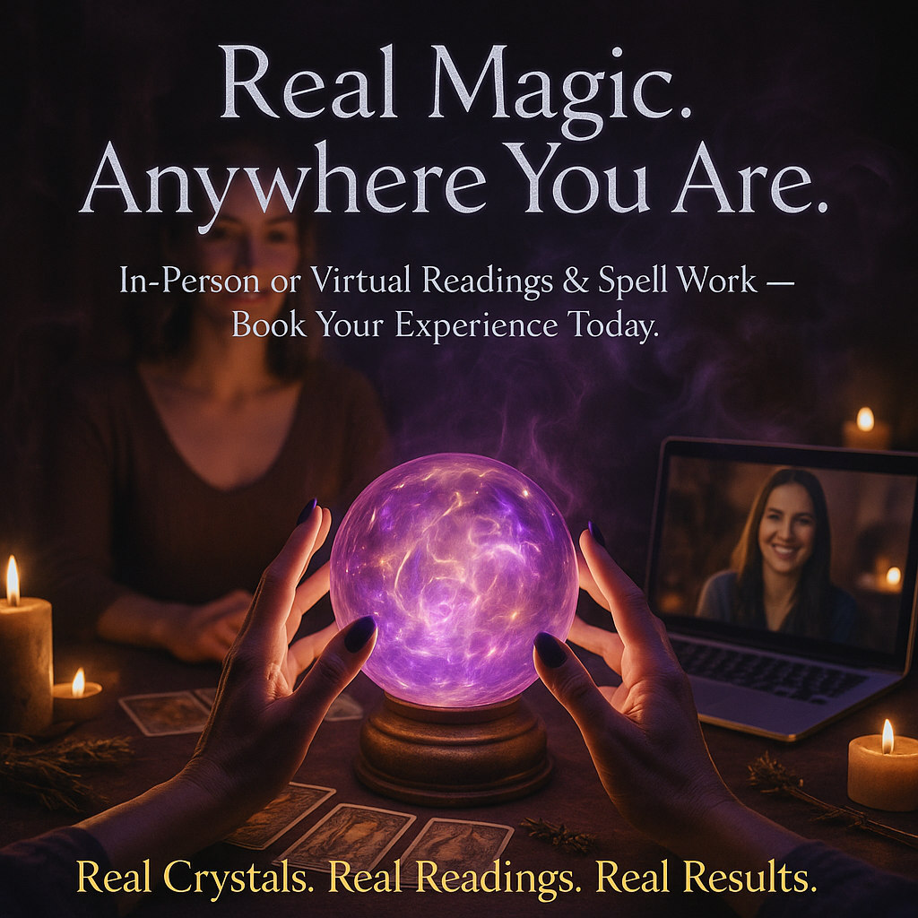 Mystical promo image showing hands around a glowing purple crystal ball, tarot cards, candles, and a woman receiving a reading via Zoom. Text reads: “Real Magic. Anywhere You Are.” Promotes virtual and in-person readings from Dallas Psychic & Crystals.