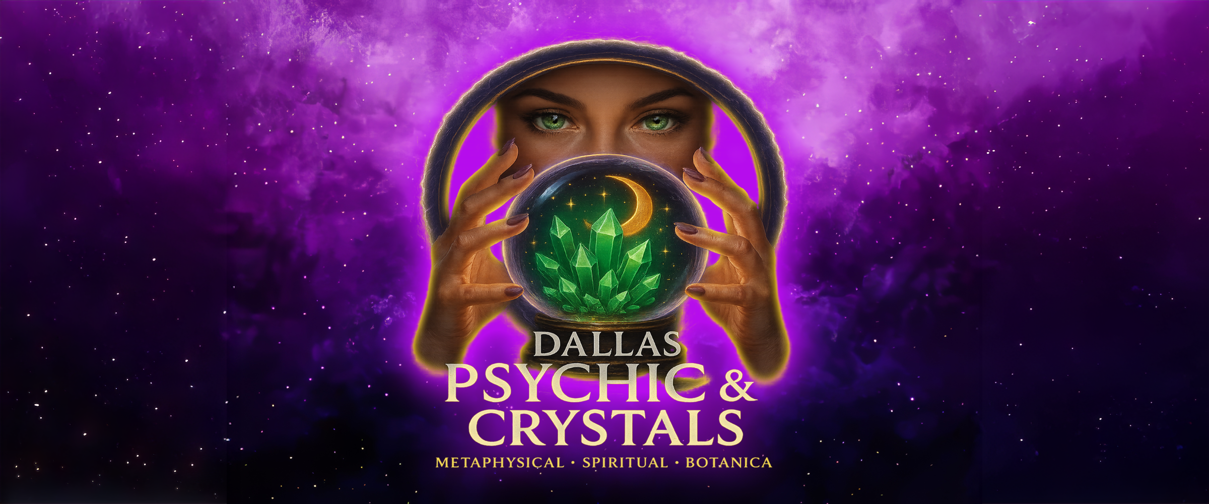 Mystical hero image for Dallas Psychic & Crystals featuring a woman with glowing green eyes holding a crystal ball filled with green crystals and a golden crescent moon, set against a vibrant purple background with sparkling lights. Text reads: Dallas Psychic & Crystals – Metaphysical • Spiritual • Botanica.