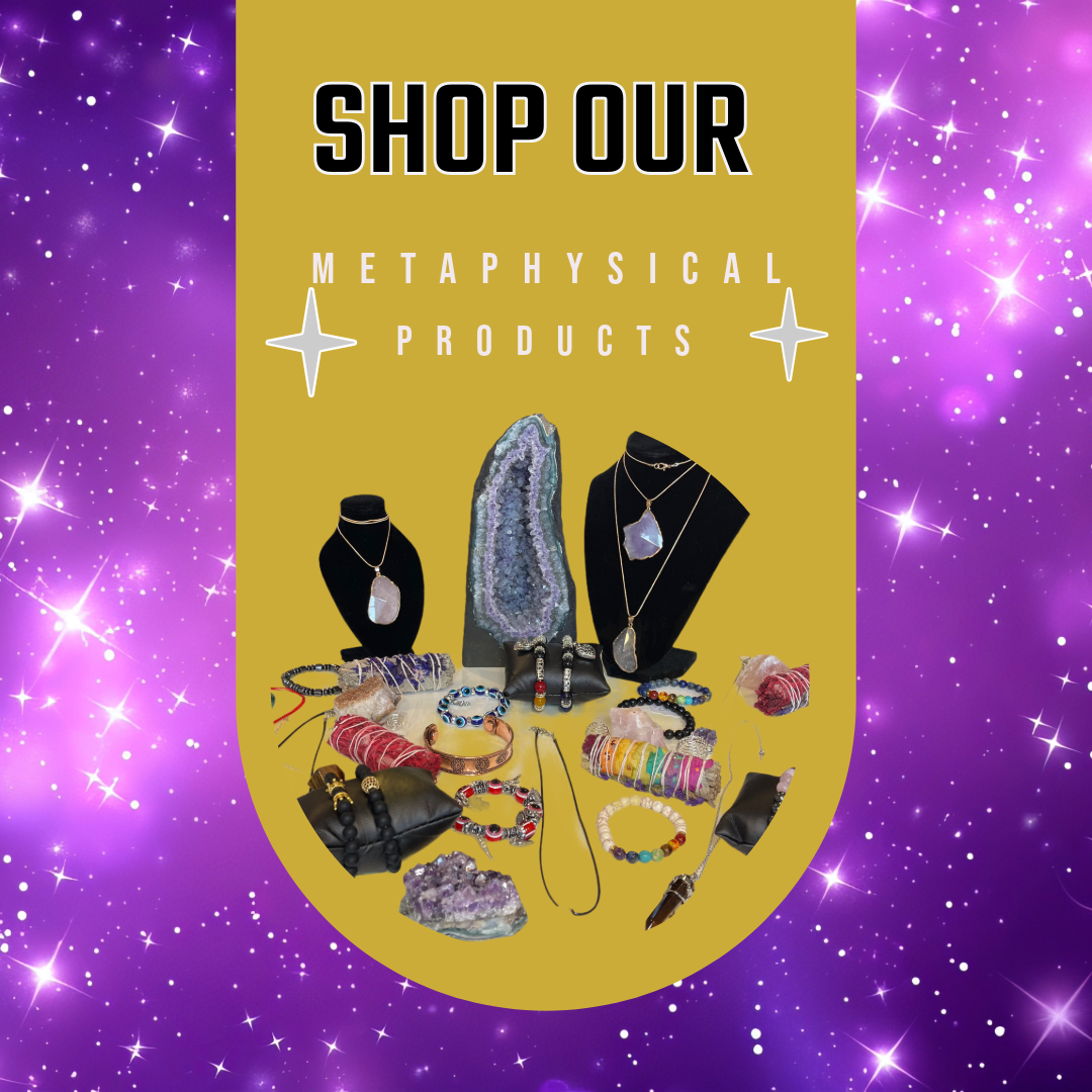Dallas Psychic & Crystals promotional banner showing metaphysical products including crystal bracelets, gemstone pendants, sage bundles, and a large amethyst geode. Text reads “Shop Our Metaphysical Products” on a gold and purple starry background.
