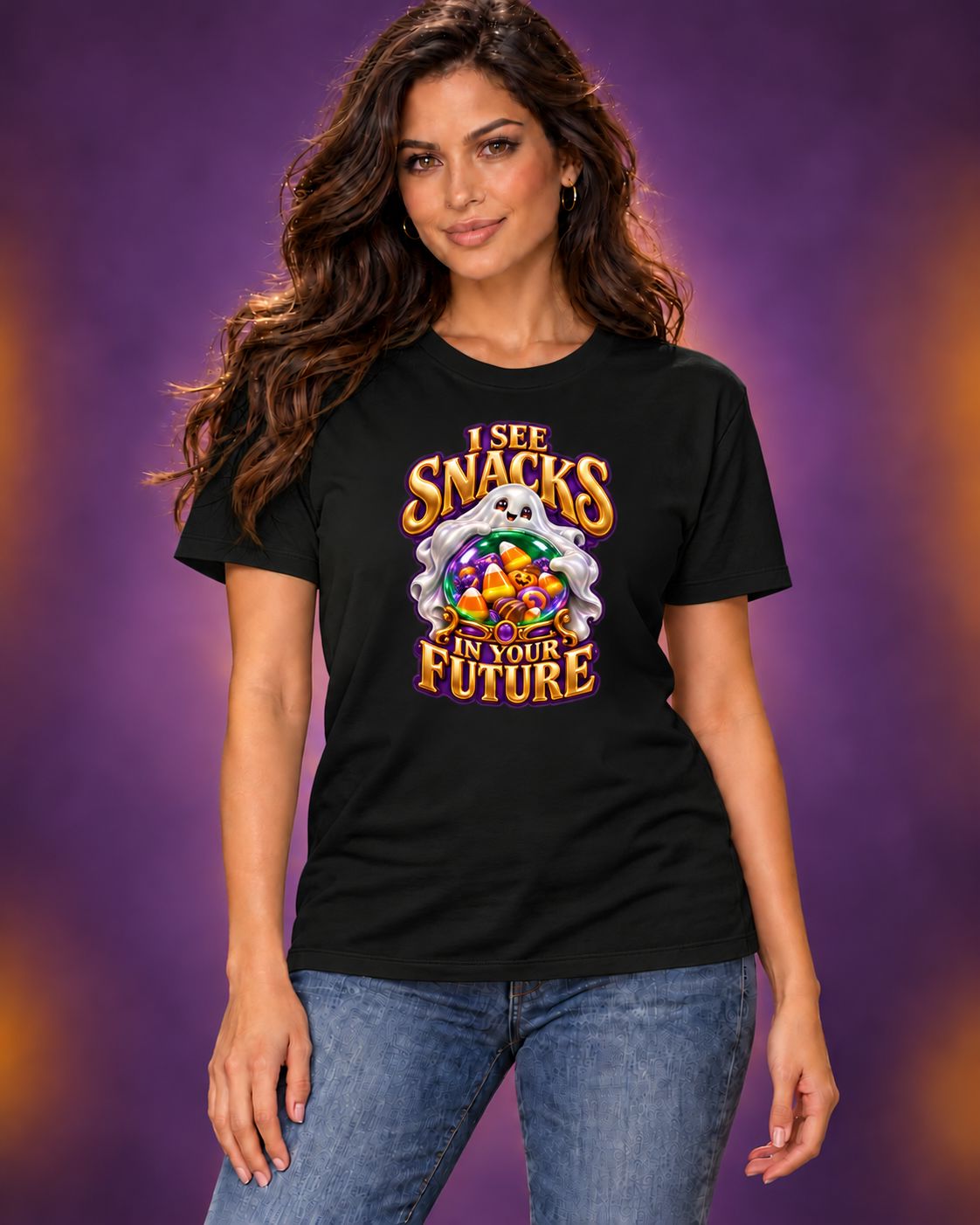 AI-generated model mockup of long-haired woman wearing a black I See Snacks in Your Future Halloween crew-neck T-shirt, front view.