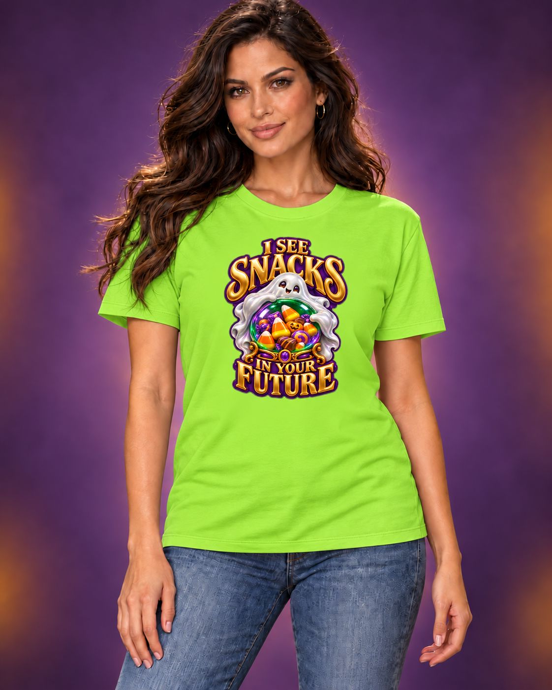 AI-generated model mockup of long-haired woman wearing a lime green I See Snacks in Your Future Halloween crew-neck T-shirt, front view.