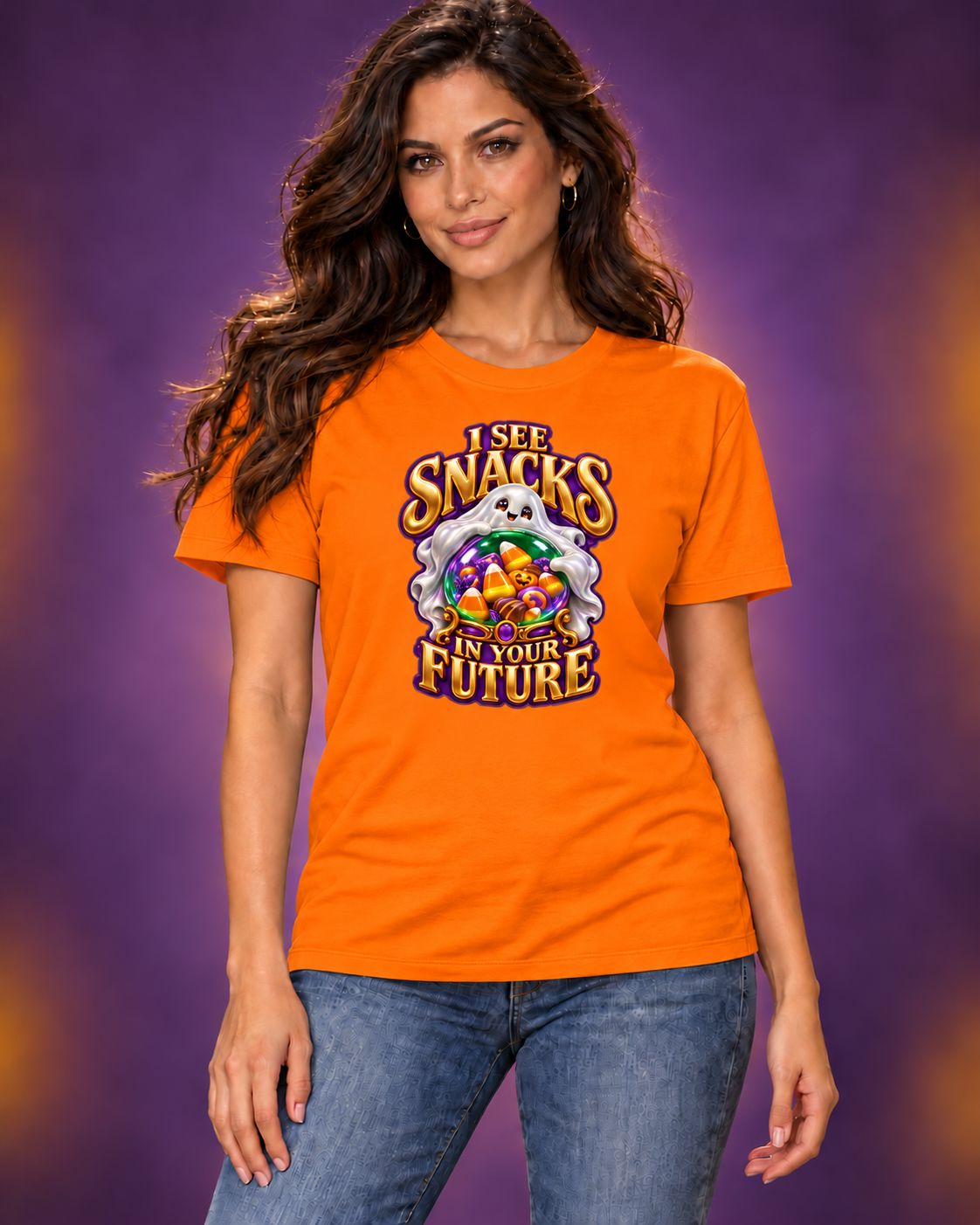 AI-generated model mockup of long-haired woman wearing an orange I See Snacks in Your Future Halloween crew-neck T-shirt, front view.