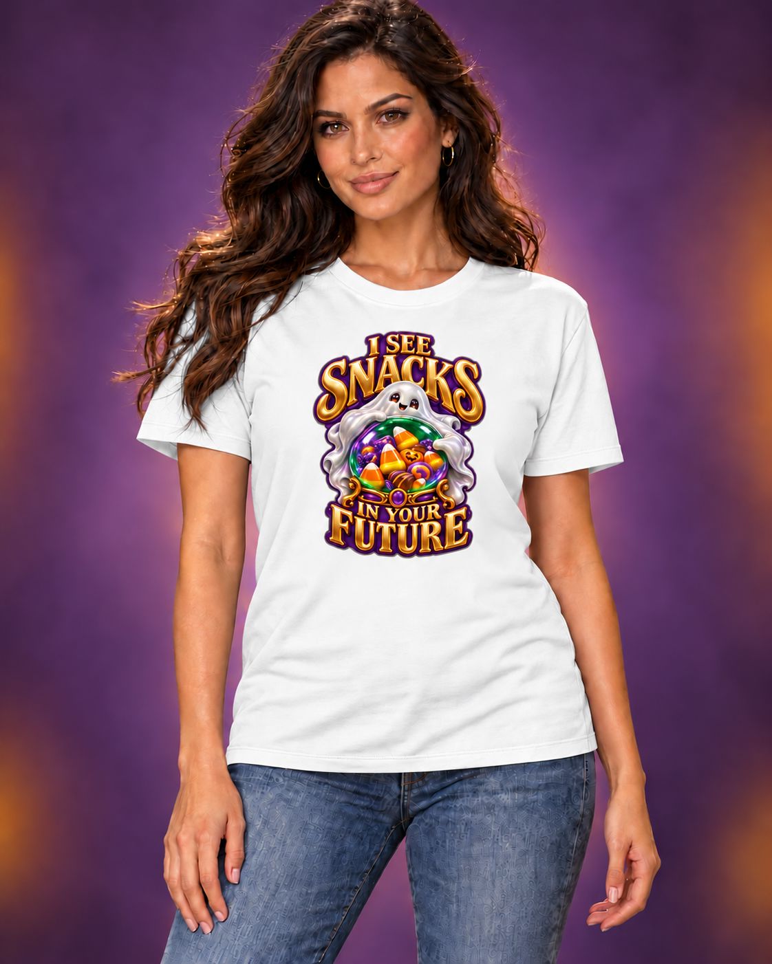AI-generated model mockup of long-haired woman wearing a white I See Snacks in Your Future Halloween crew-neck T-shirt, front view.