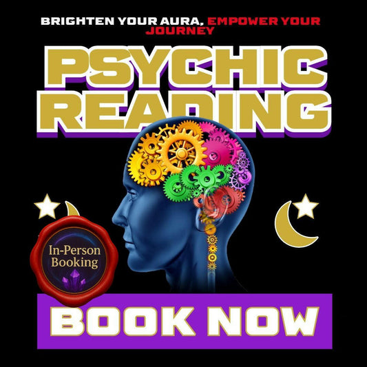 Psychic Reading promo graphic with a glowing brain and colorful gears inside a blue silhouette head. Features bold yellow text, purple “Book Now” button, and a red wax seal badge labeled “In-Person Booking.” Promotes face-to-face readings.