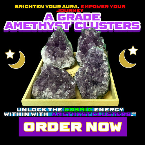 Wooden tray holding four radiant AAA Grade Amethyst Clusters with sharp purple crystal points. Surrounded by celestial moon and star icons, the design features bold text: “Brighten Your Aura, Empower Your Journey – A Grade Amethyst Clusters.” A vibrant purple “Order Now” banner anchors the visual. DALLAS PSYCHIC AND CRYSTALS