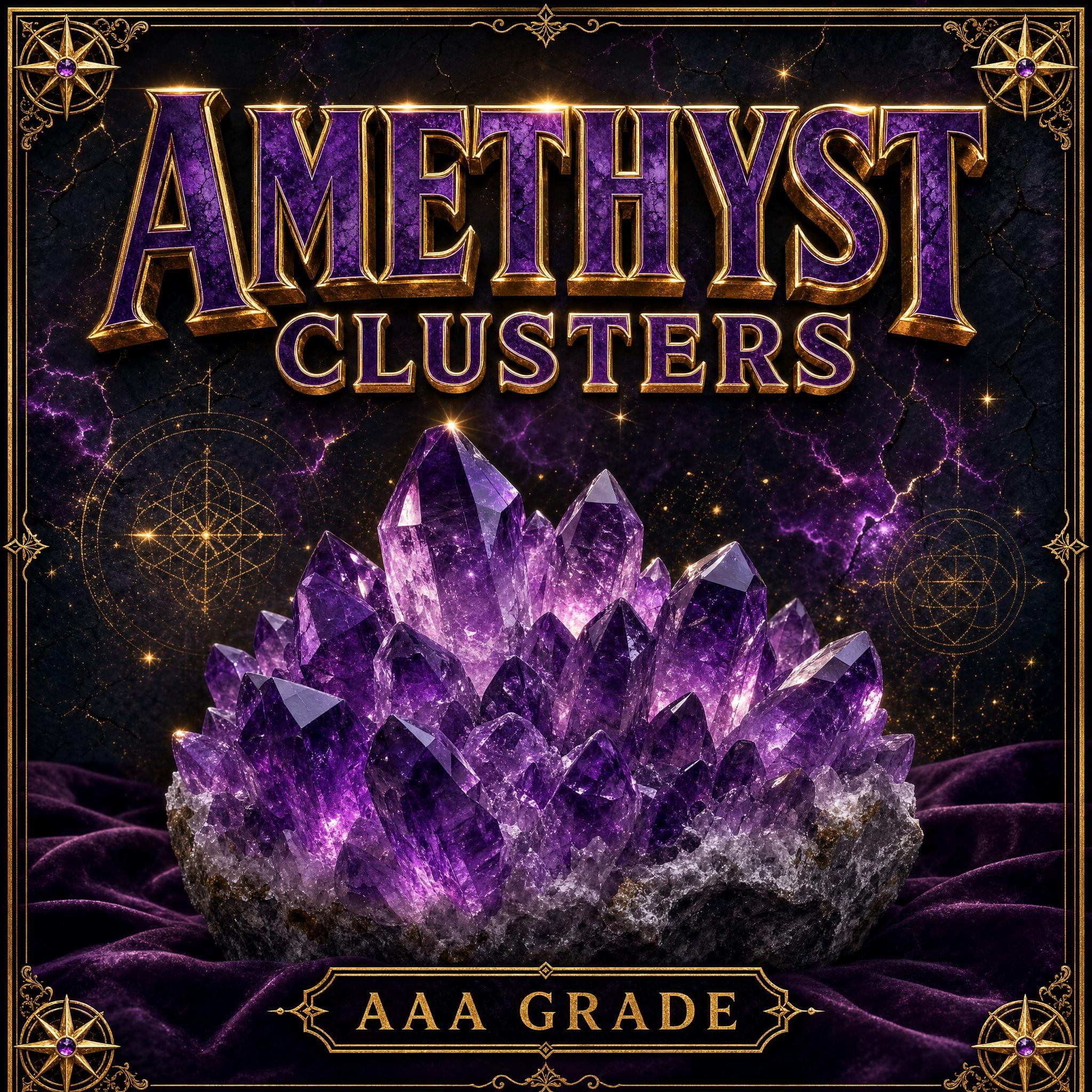 Cluster of raw AAA grade amethyst crystals with deep purple points rising from a grey stone base, resting on purple velvet.