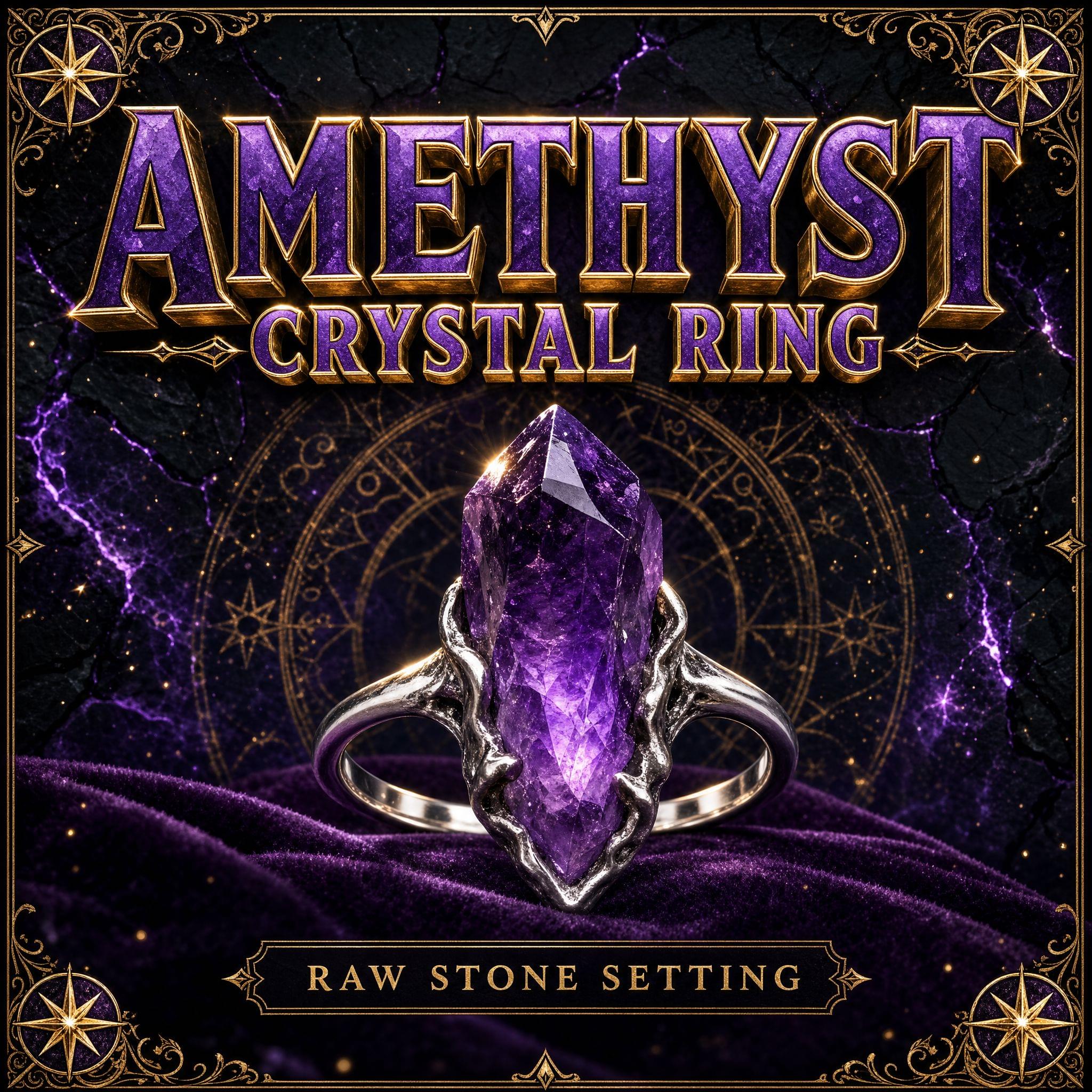 Ring set with a raw purple amethyst crystal in a metal band.
