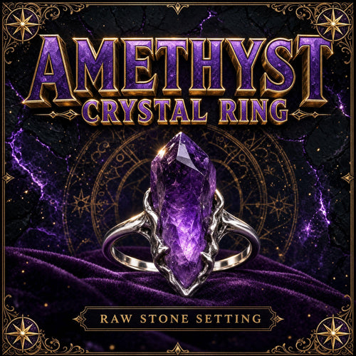 Ring set with a raw purple amethyst crystal in a metal band.