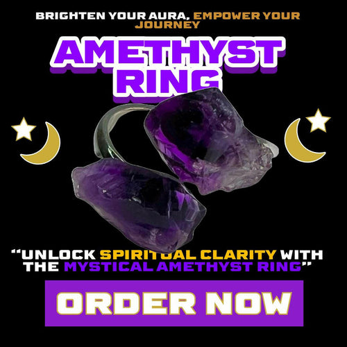 Amethyst crystal ring with raw twin stones on a silver adjustable band – spiritual clarity, third eye activation, and energetic protection jewelry from Dallas Psychic & Crystals.