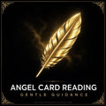 Angel Card Reading emblem: a gold feather framed in gold on deep black, captioned gentle guidance.