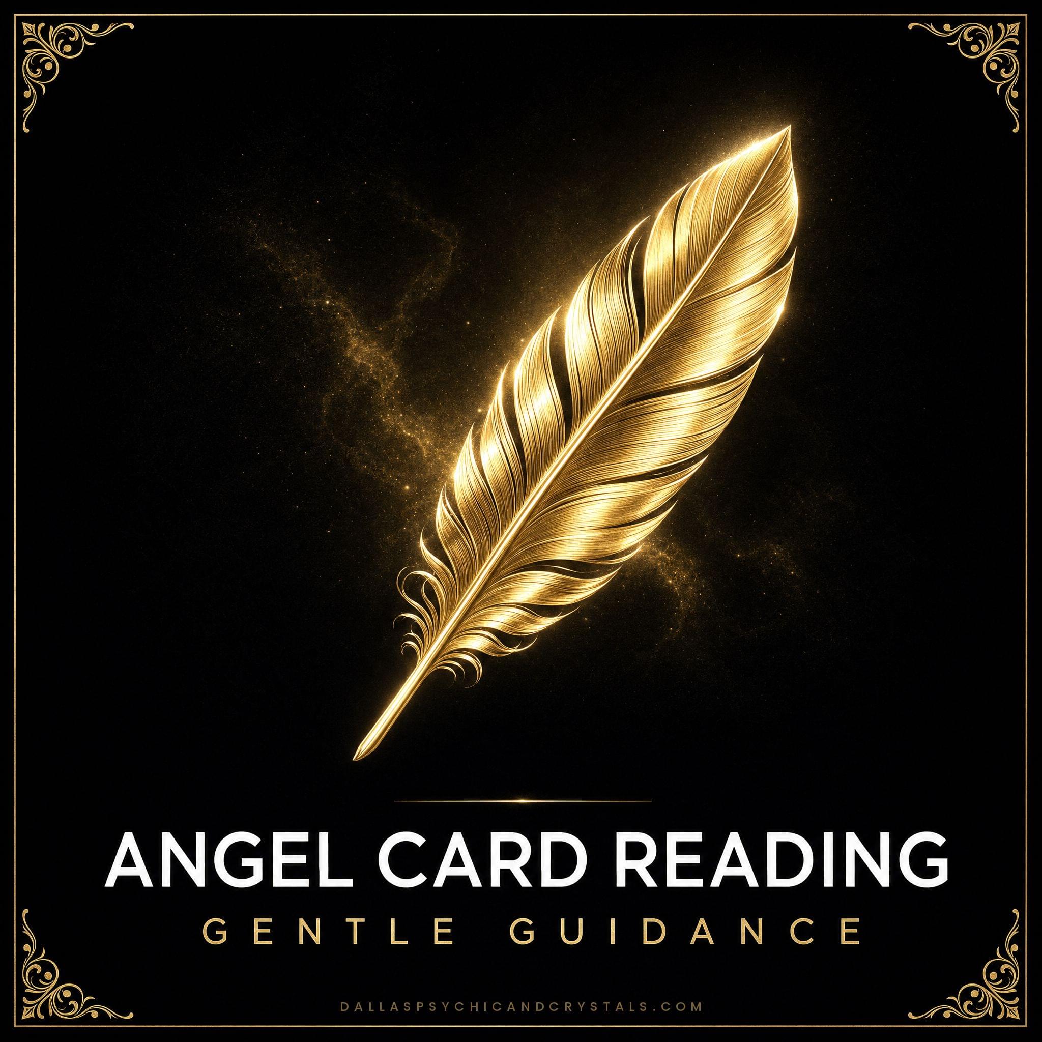 Angel Card Reading emblem: a gold feather framed in gold on deep black, captioned gentle guidance.