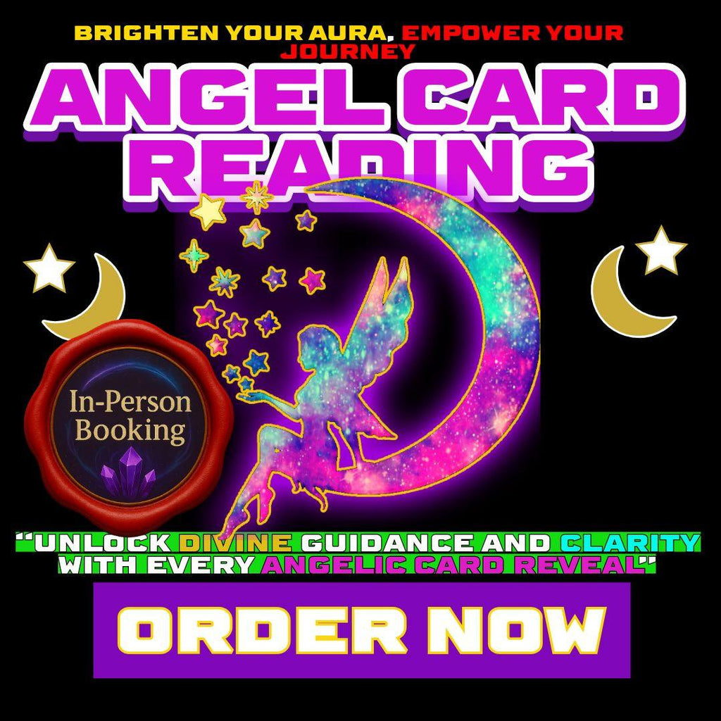 Angel card reading banner with a luminous winged angel figure beside a crescent moon and scattered stars, in-person booking.