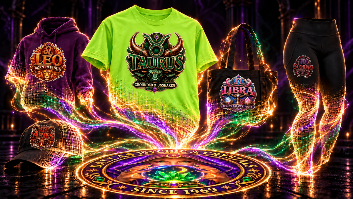 Illustrative zodiac apparel collection preview featuring a lime Taurus shirt, Leo hoodie, Aries cap, Scorpio yoga pants and Libra tote.