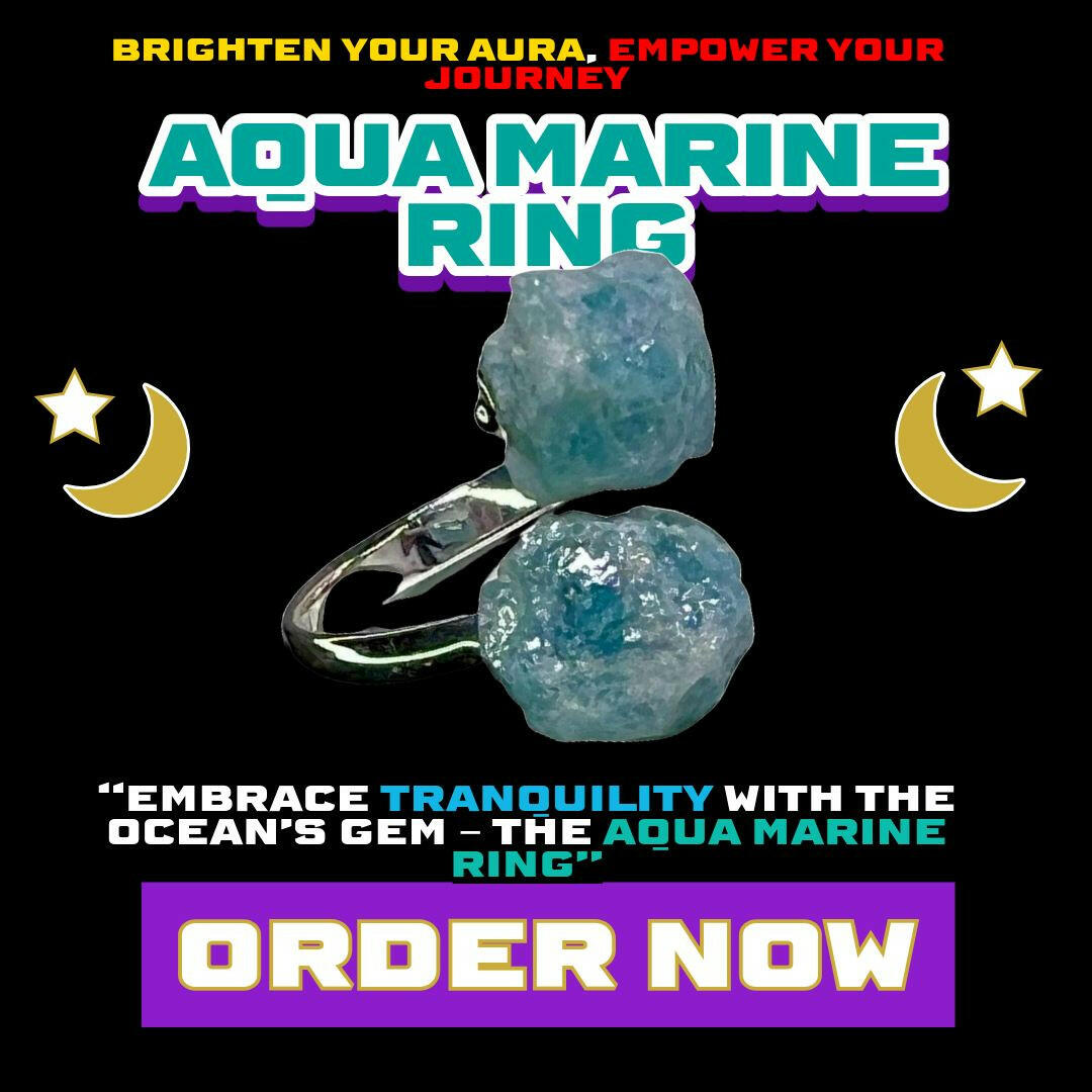Aquamarine crystal ring with raw twin stones and silver adjustable band – emotional healing, throat chakra energy, and calming crystal jewelry from Dallas Psychic & Crystals.


