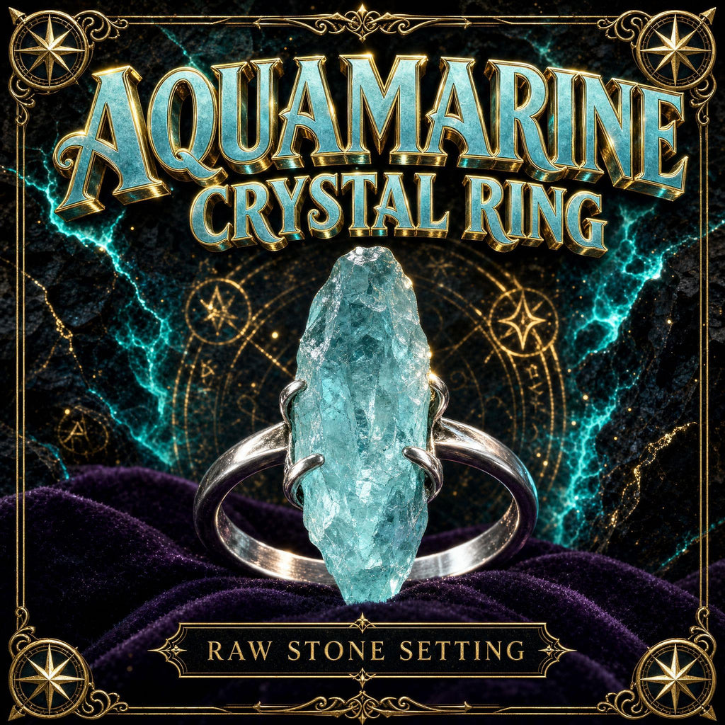 Ring set with a pale blue-green aquamarine stone in a metal band.