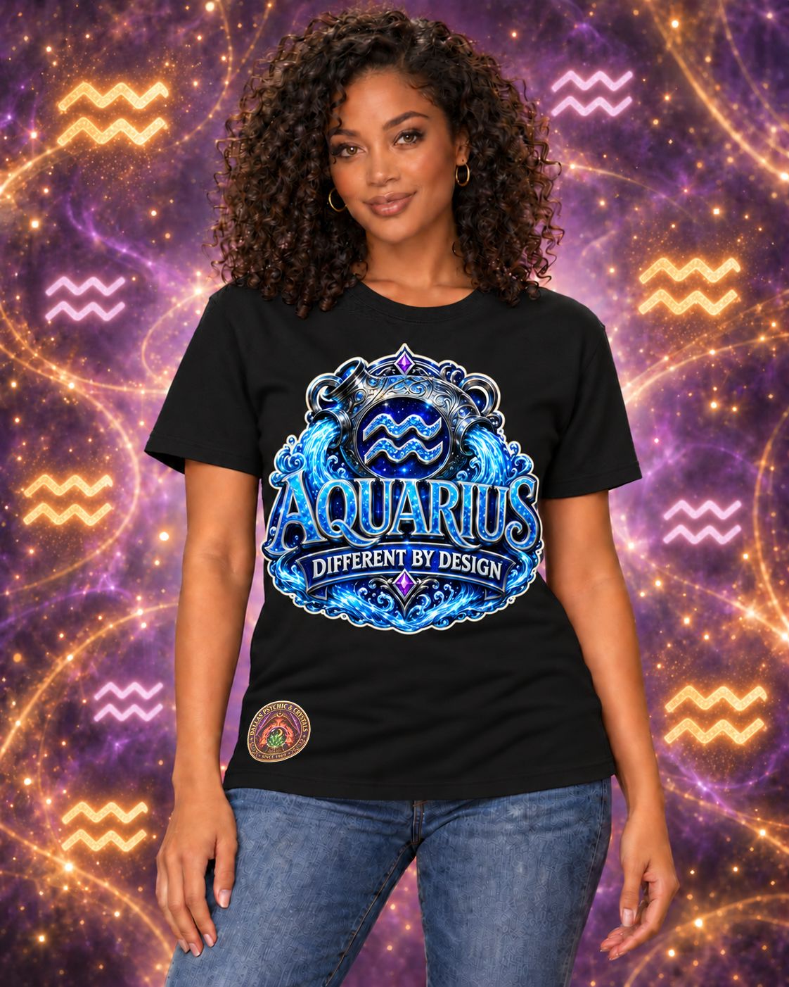 Black Aquarius zodiac crew-neck T-shirt, front view with “Different by Design” artwork; AI-generated preview.