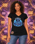 Black Aquarius zodiac women's V-neck T-shirt, front view with “Different by Design” artwork; AI-generated preview.