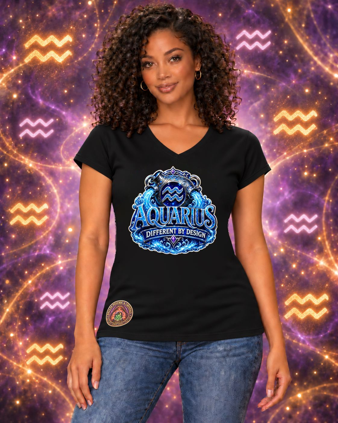 Black Aquarius zodiac women's V-neck T-shirt, front view with “Different by Design” artwork; AI-generated preview.
