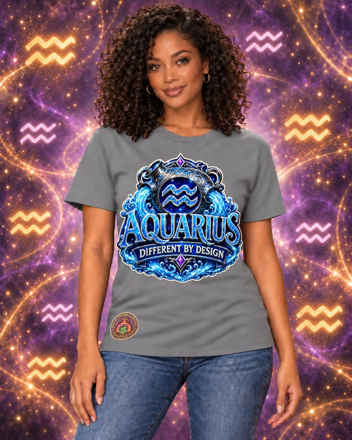 Grey Aquarius zodiac crew-neck T-shirt, front view with “Different by Design” artwork; AI-generated preview.