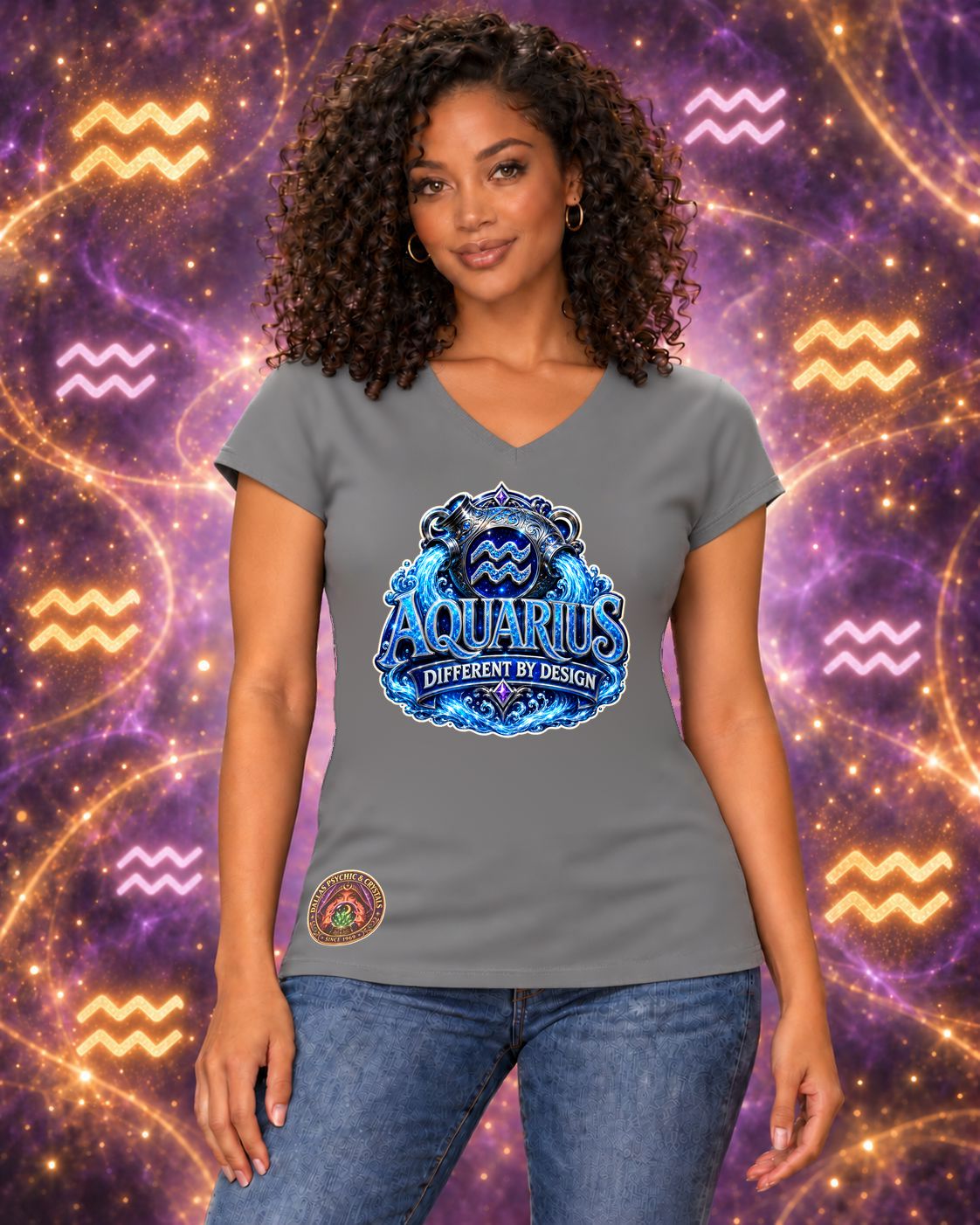 Grey Aquarius zodiac women's V-neck T-shirt, front view with “Different by Design” artwork; AI-generated preview.
