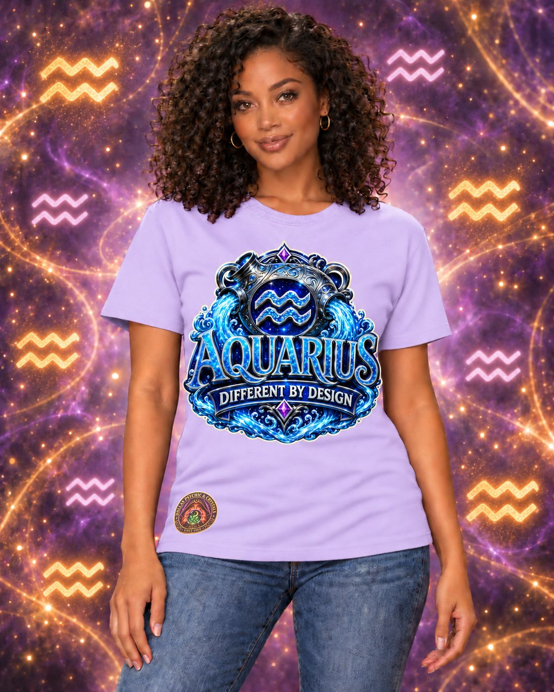 Lavender Aquarius zodiac crew-neck T-shirt, front view with “Different by Design” artwork; AI-generated preview.