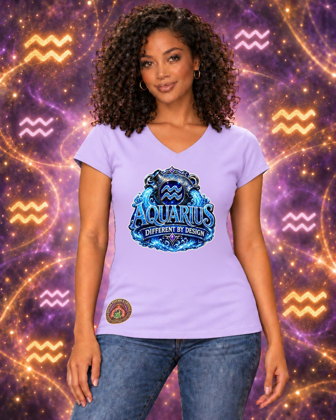 Lavender Aquarius zodiac women's V-neck T-shirt, front view with “Different by Design” artwork; AI-generated preview.