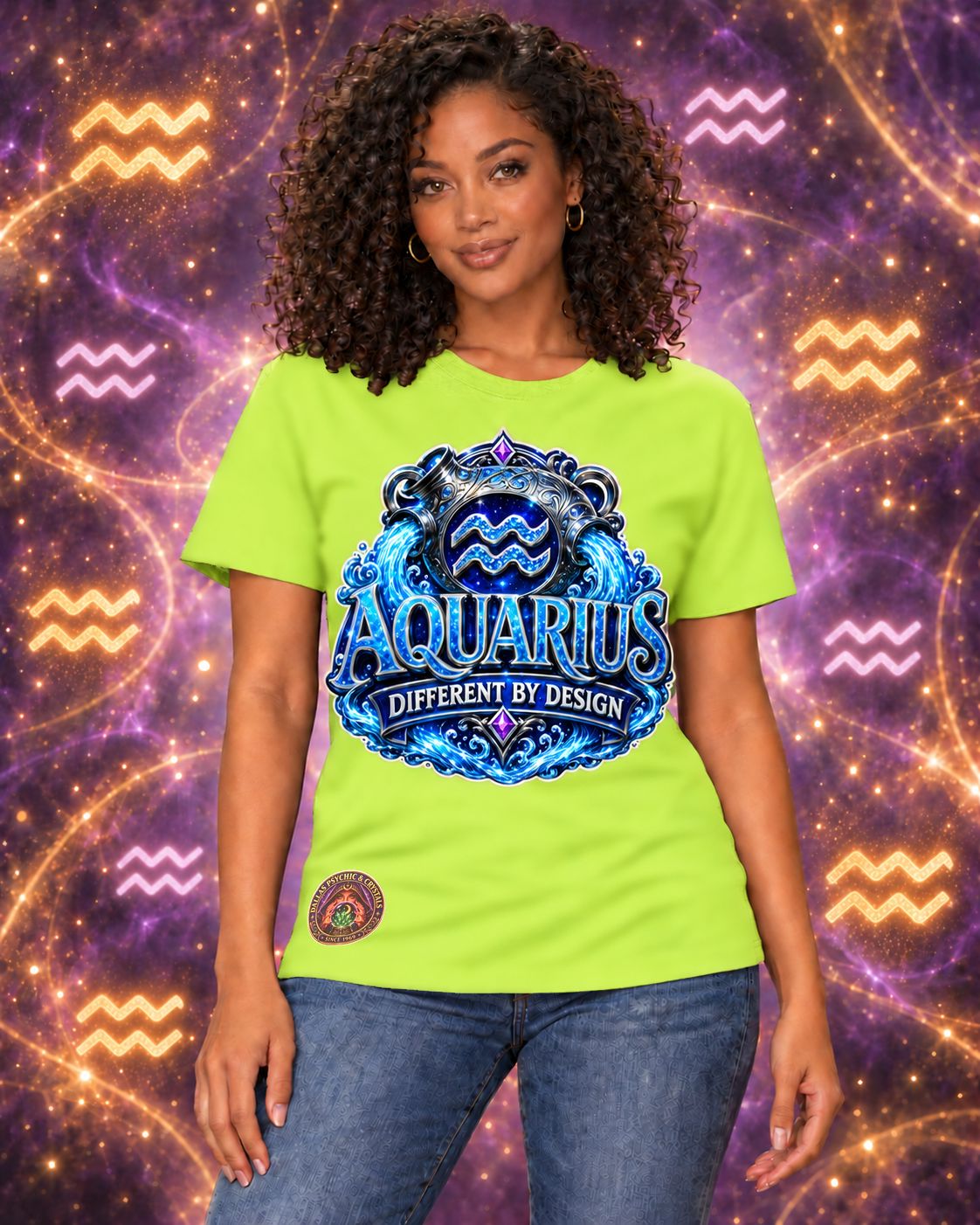 Lime Green Aquarius zodiac crew-neck T-shirt, front view with “Different by Design” artwork; AI-generated preview.