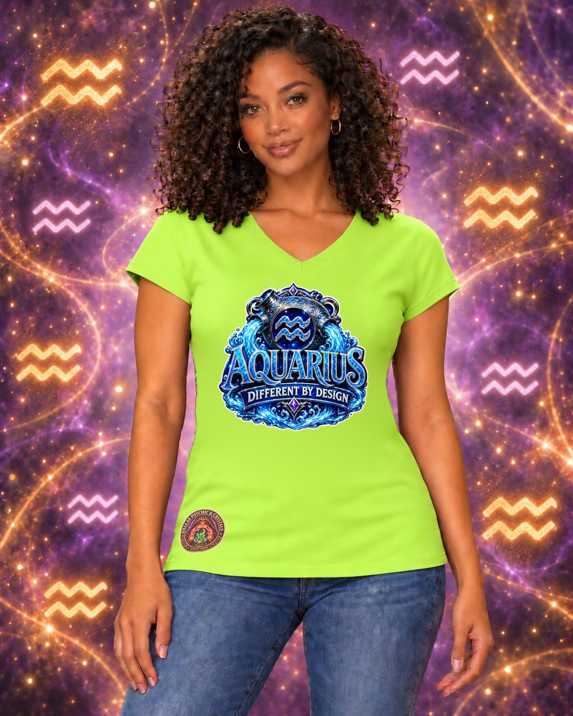 Lime Green Aquarius zodiac women's V-neck T-shirt, front view with “Different by Design” artwork; AI-generated preview.