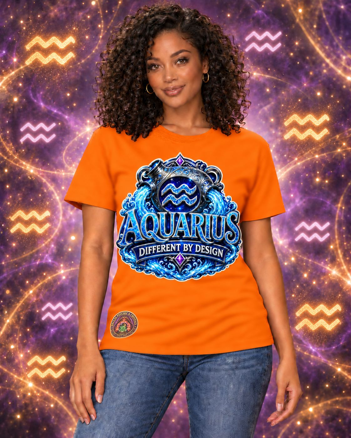 Orange Aquarius zodiac crew-neck T-shirt, front view with “Different by Design” artwork; AI-generated preview.
