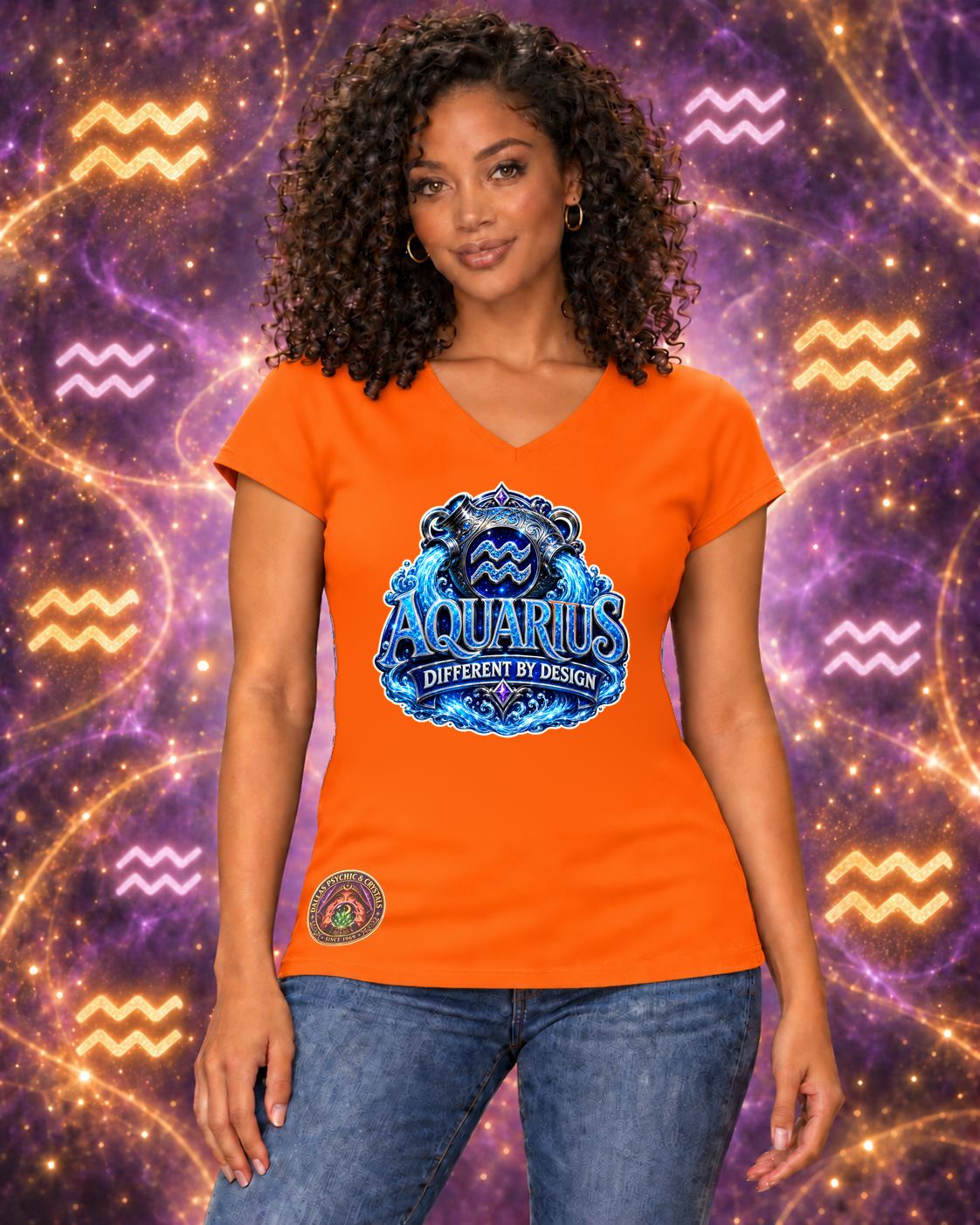 Orange Aquarius zodiac women's V-neck T-shirt, front view with “Different by Design” artwork; AI-generated preview.