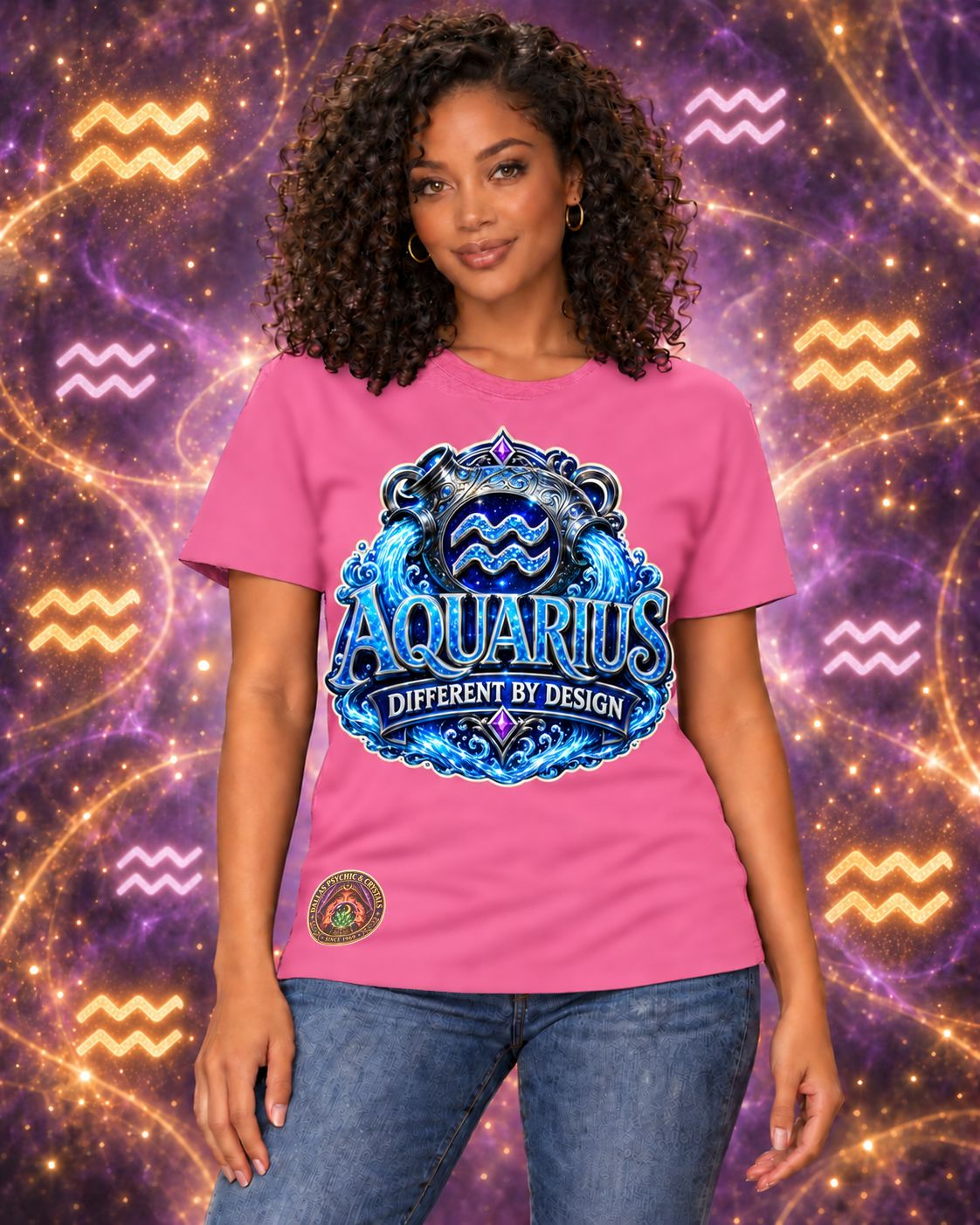 Pink Aquarius zodiac crew-neck T-shirt, front view with “Different by Design” artwork; AI-generated preview.