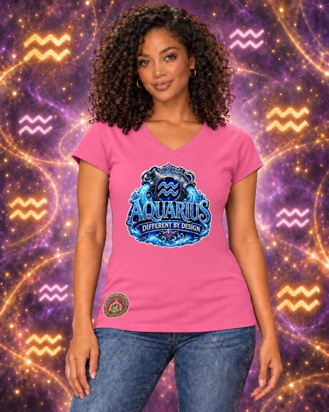 Pink Aquarius zodiac women's V-neck T-shirt, front view with “Different by Design” artwork; AI-generated preview.