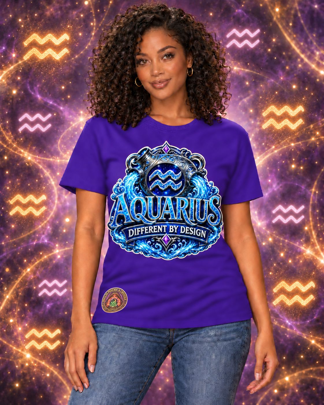 Purple Aquarius zodiac crew-neck T-shirt, front view with “Different by Design” artwork; AI-generated preview.