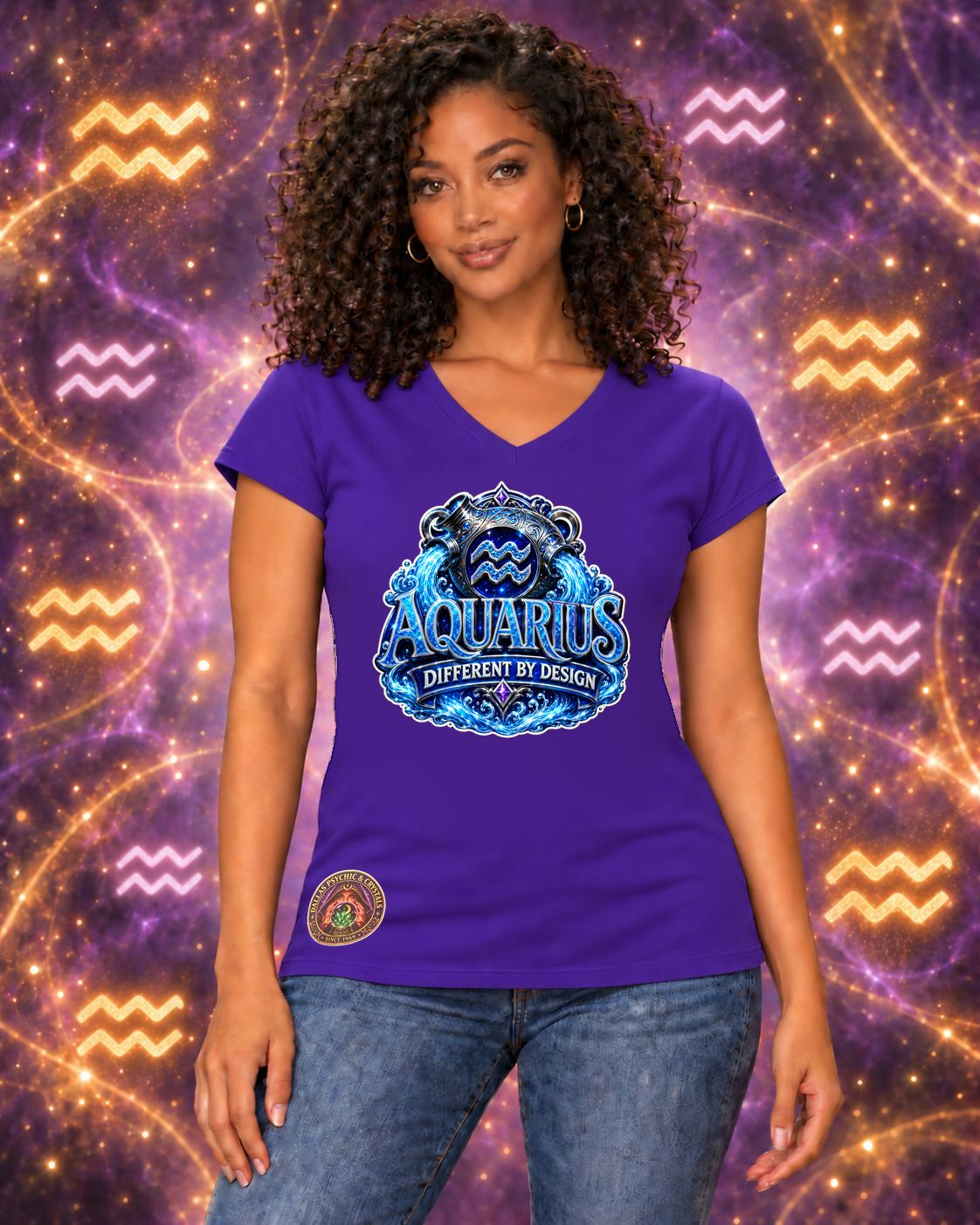 Purple Aquarius zodiac women's V-neck T-shirt, front view with “Different by Design” artwork; AI-generated preview.