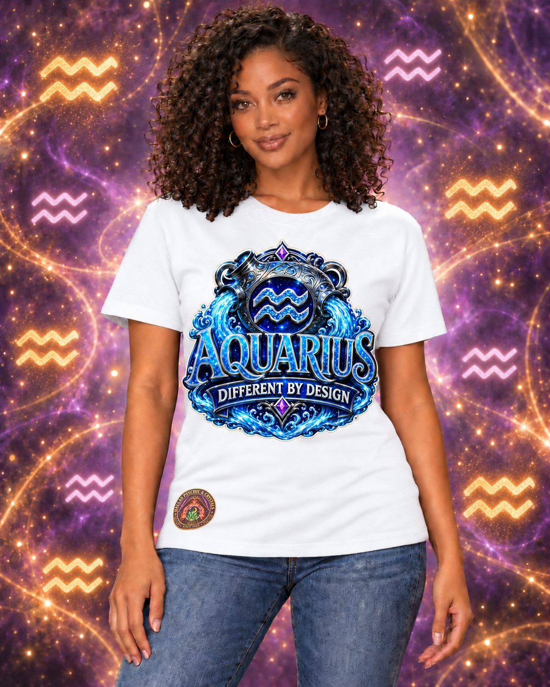 White Aquarius zodiac crew-neck T-shirt, front view with “Different by Design” artwork; AI-generated preview.