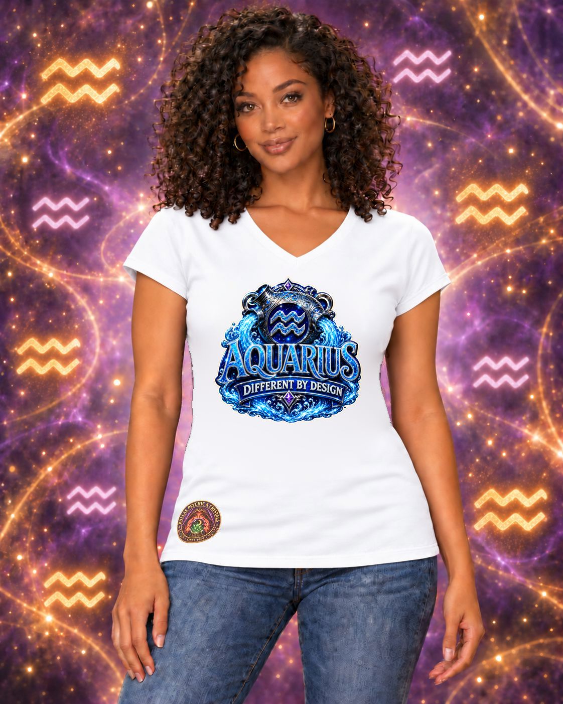 White Aquarius zodiac women's V-neck T-shirt, front view with “Different by Design” artwork; AI-generated preview.
