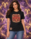 Black Aries zodiac crew-neck T-shirt, front view with “Born to Lead” artwork; AI-generated preview.