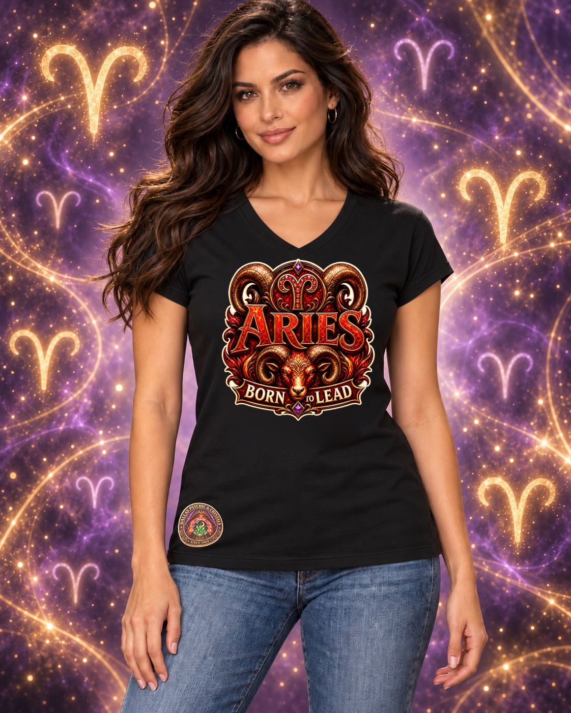 Black Aries zodiac women's V-neck T-shirt, front view with “Born to Lead” artwork; AI-generated preview.