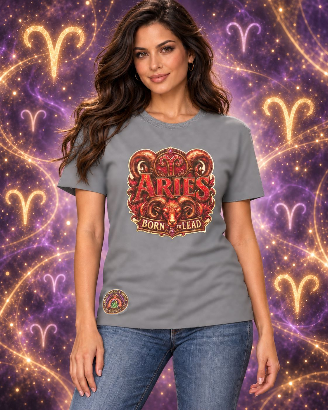 Grey Aries zodiac crew-neck T-shirt, front view with “Born to Lead” artwork; AI-generated preview.
