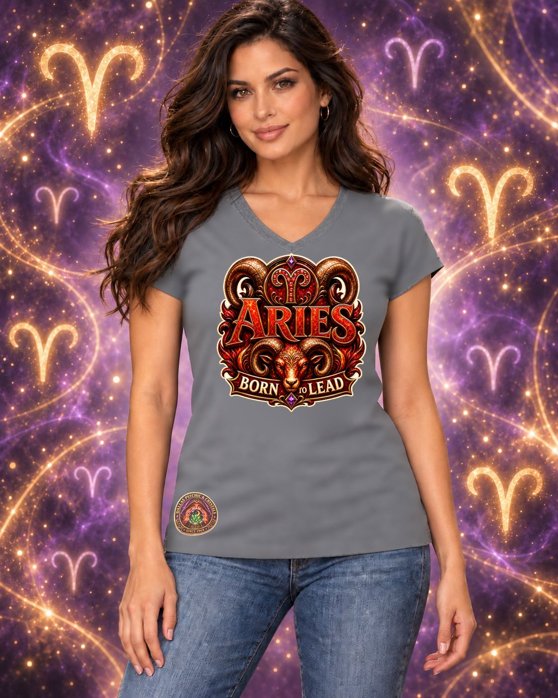 Grey Aries zodiac women's V-neck T-shirt, front view with “Born to Lead” artwork; AI-generated preview.