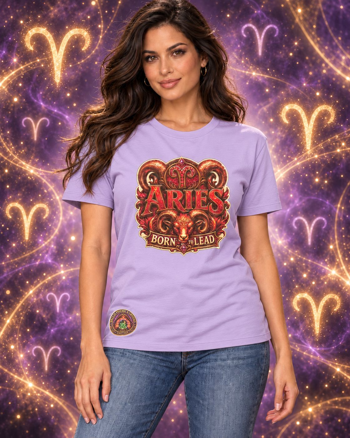 Lavender Aries zodiac crew-neck T-shirt, front view with “Born to Lead” artwork; AI-generated preview.