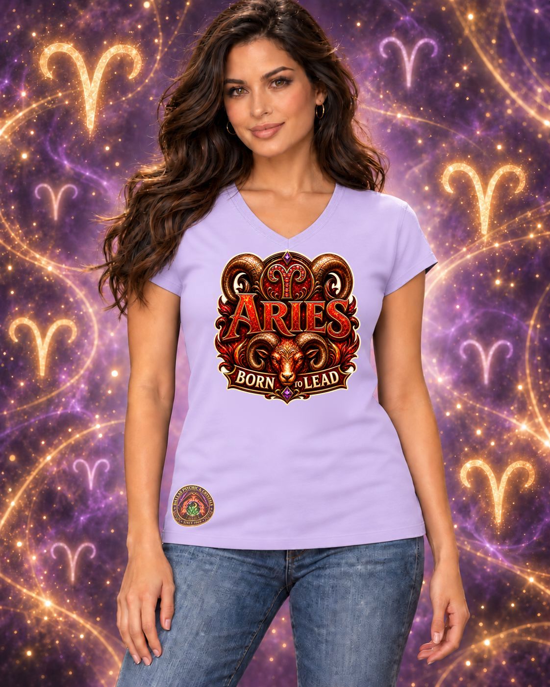 Lavender Aries zodiac women's V-neck T-shirt, front view with “Born to Lead” artwork; AI-generated preview.