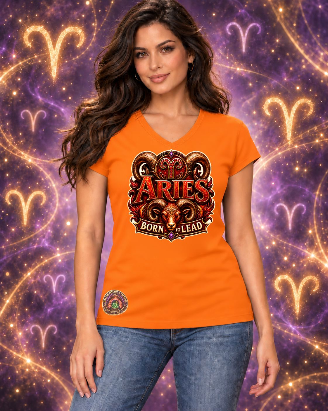 Orange Aries zodiac women's V-neck T-shirt, front view with “Born to Lead” artwork; AI-generated preview.