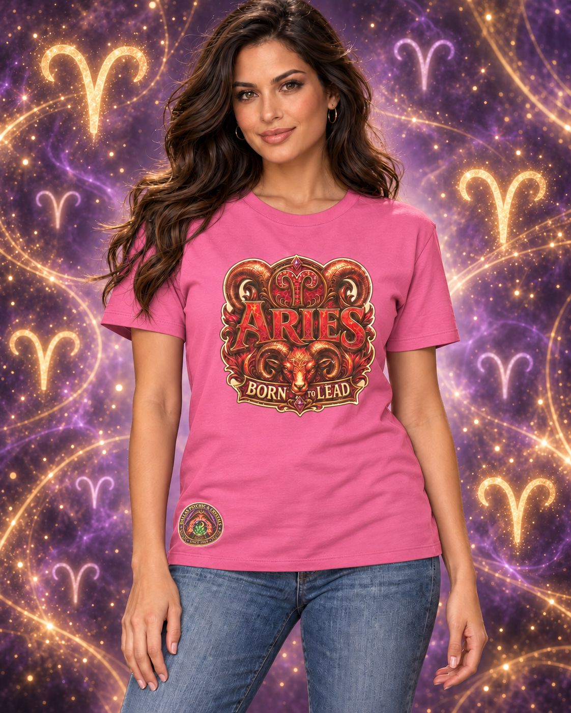 Pink Aries zodiac crew-neck T-shirt, front view with “Born to Lead” artwork; AI-generated preview.