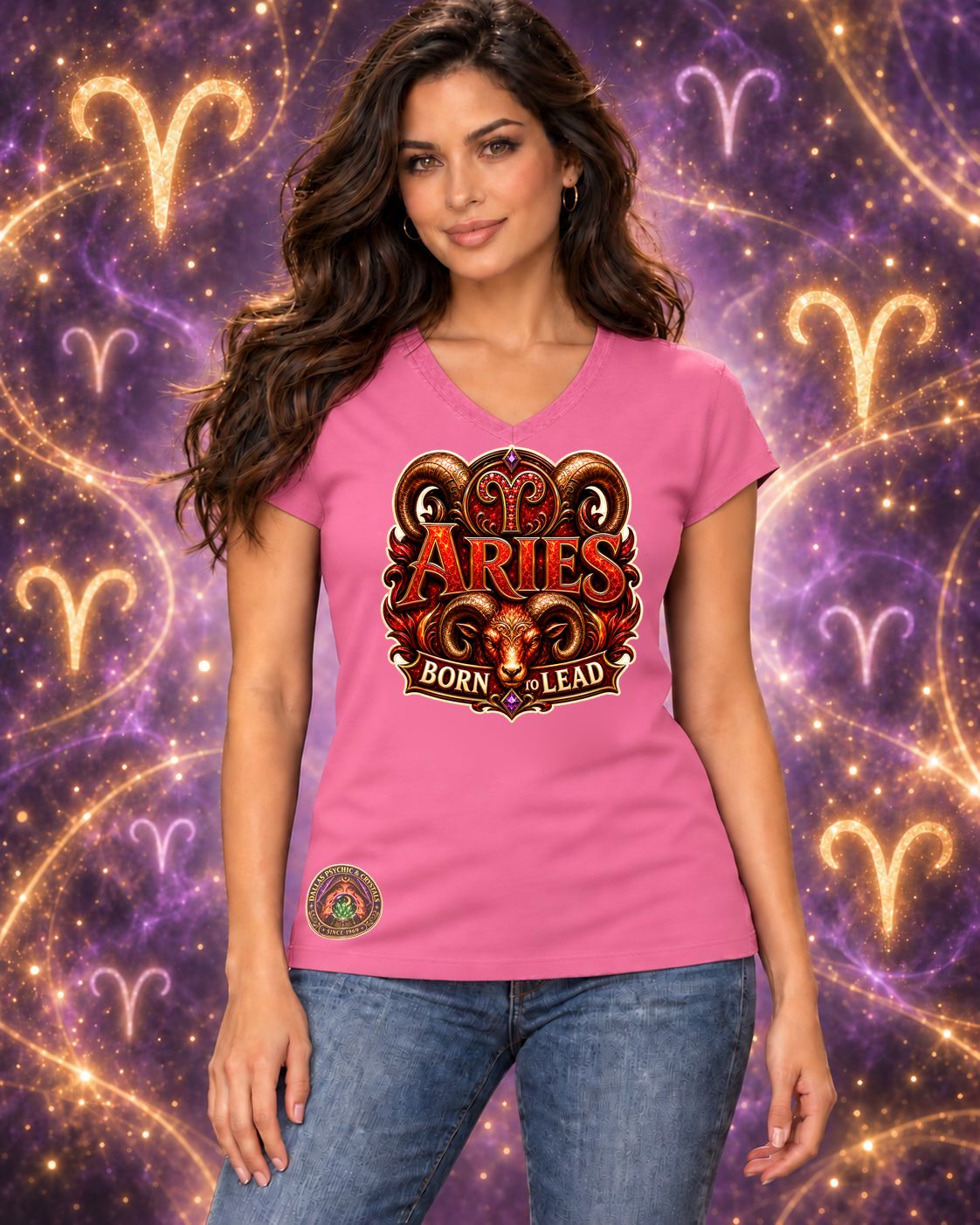 Pink Aries zodiac women's V-neck T-shirt, front view with “Born to Lead” artwork; AI-generated preview.