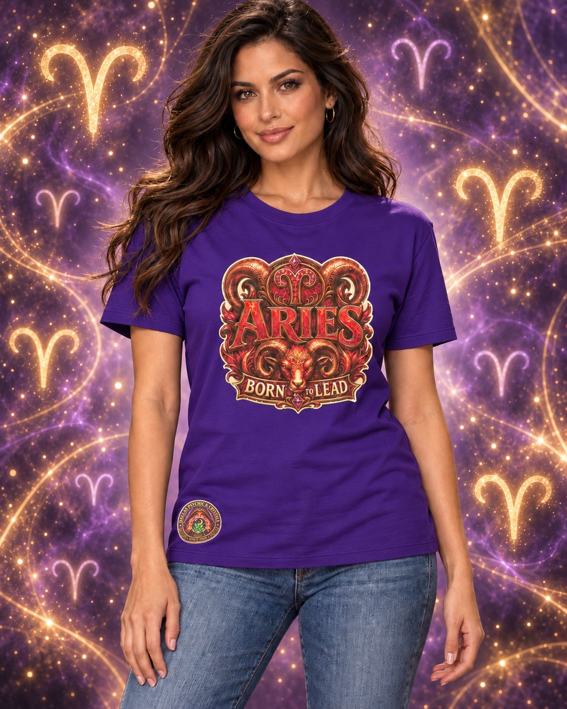 Purple Aries zodiac crew-neck T-shirt, front view with “Born to Lead” artwork; AI-generated preview.
